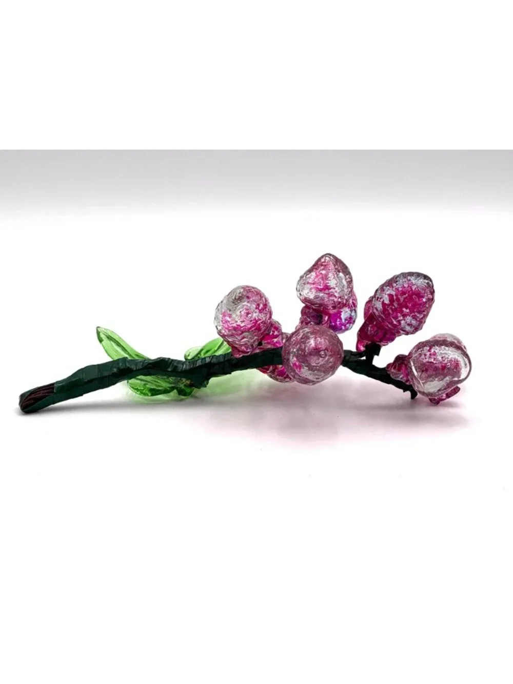 Vintage Handblown Glass Grape Cluster With Green Leaves Pink & Clear Decorative